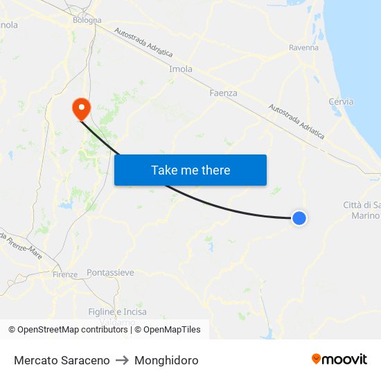 Mercato Saraceno to Monghidoro map