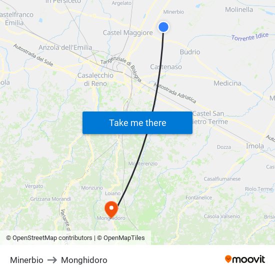 Minerbio to Monghidoro map