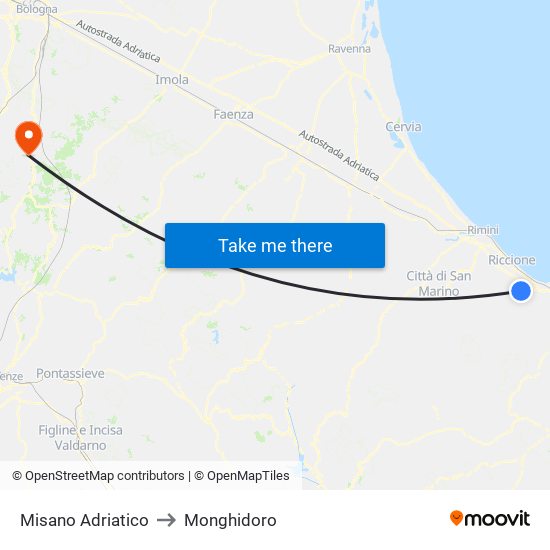 Misano Adriatico to Monghidoro map