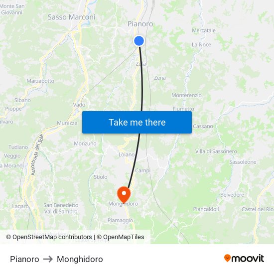 Pianoro to Monghidoro map