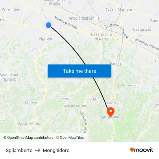 Spilamberto to Monghidoro map