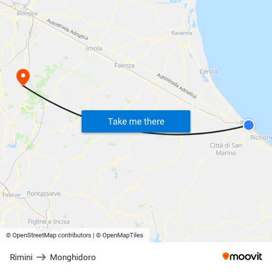 Rimini to Monghidoro map
