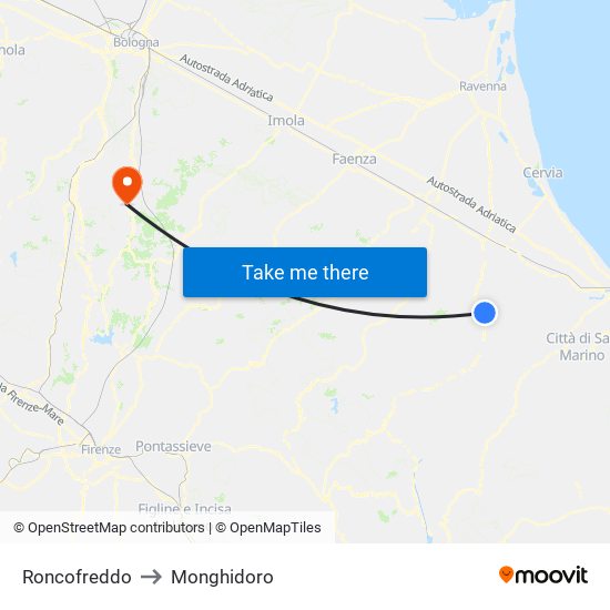 Roncofreddo to Monghidoro map