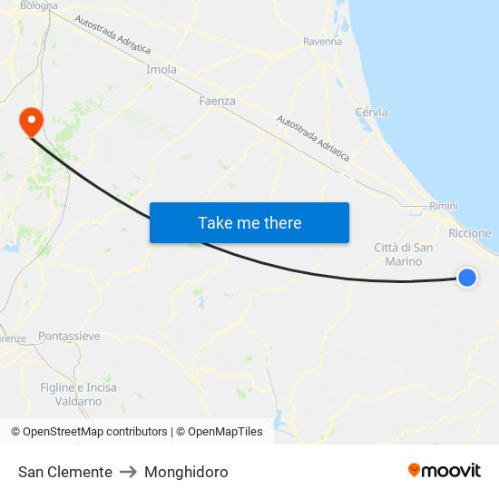 San Clemente to Monghidoro map