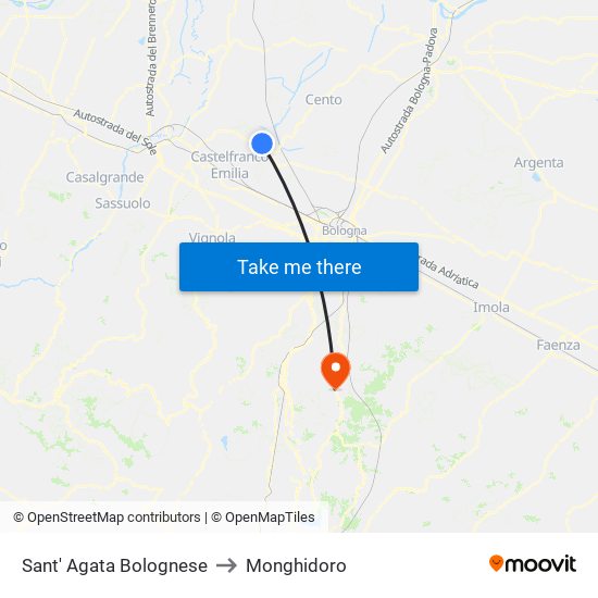 Sant' Agata Bolognese to Monghidoro map