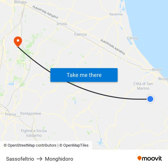 Sassofeltrio to Monghidoro map