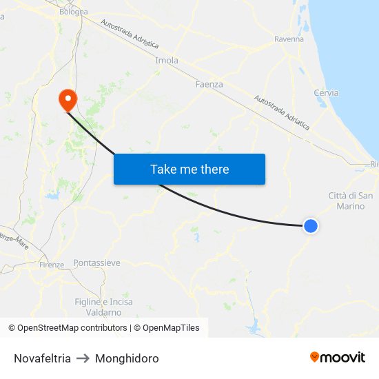 Novafeltria to Monghidoro map