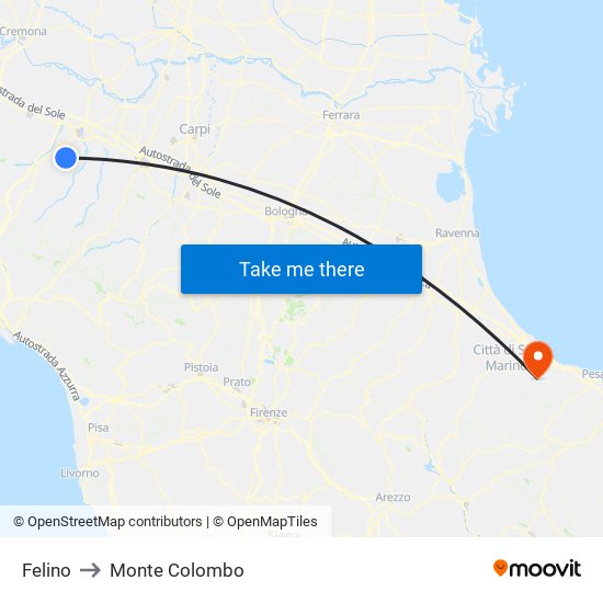 Felino to Monte Colombo map