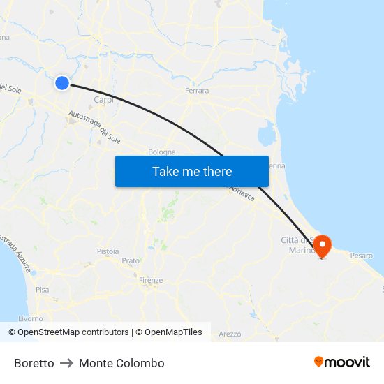 Boretto to Monte Colombo map