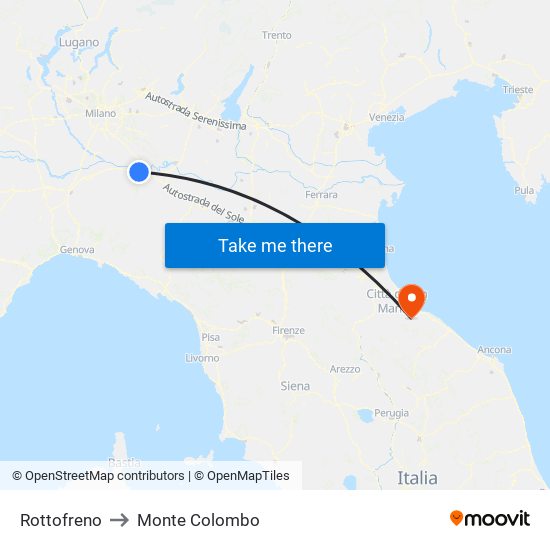 Rottofreno to Monte Colombo map