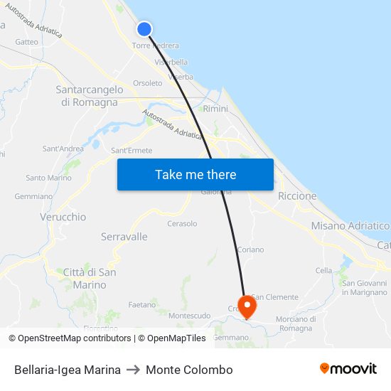 Bellaria-Igea Marina to Monte Colombo map