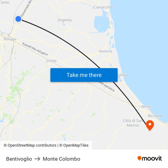 Bentivoglio to Monte Colombo map