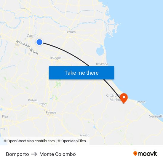 Bomporto to Monte Colombo map