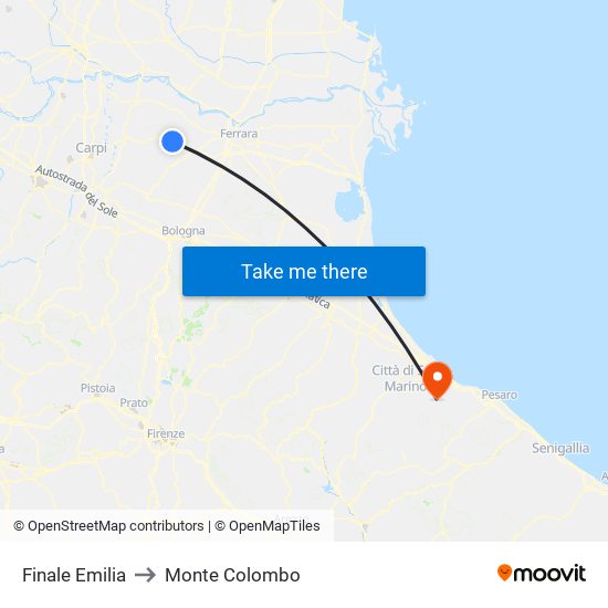 Finale Emilia to Monte Colombo map