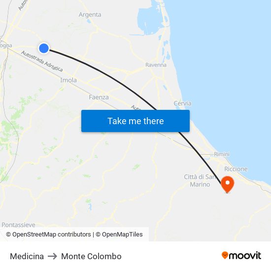 Medicina to Monte Colombo map