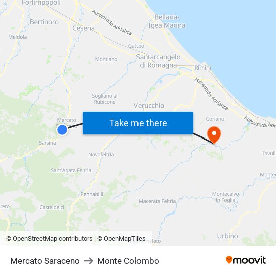 Mercato Saraceno to Monte Colombo map