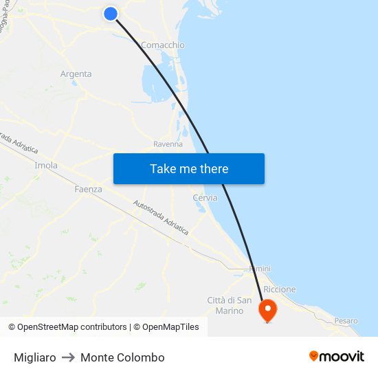 Migliaro to Monte Colombo map