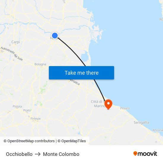 Occhiobello to Monte Colombo map