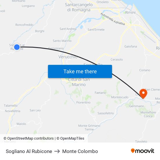 Sogliano Al Rubicone to Monte Colombo map
