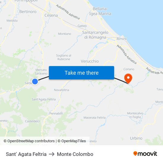 Sant' Agata Feltria to Monte Colombo map