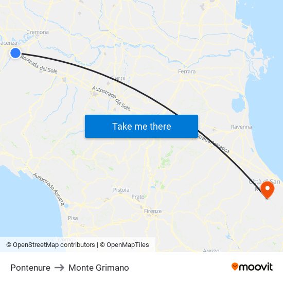 Pontenure to Monte Grimano map