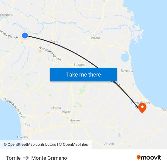 Torrile to Monte Grimano map