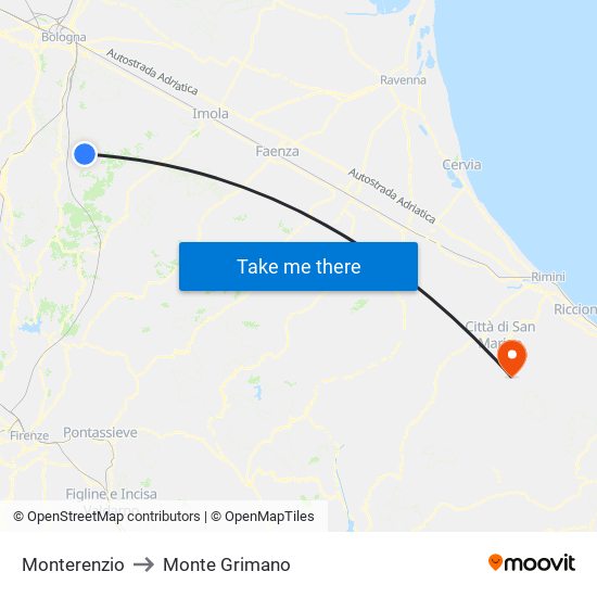 Monterenzio to Monte Grimano map