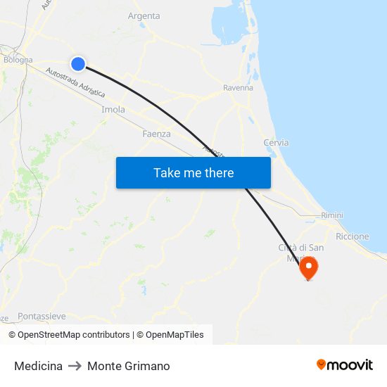 Medicina to Monte Grimano map