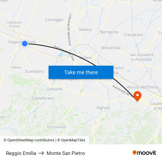 Reggio Emilia to Monte San Pietro map