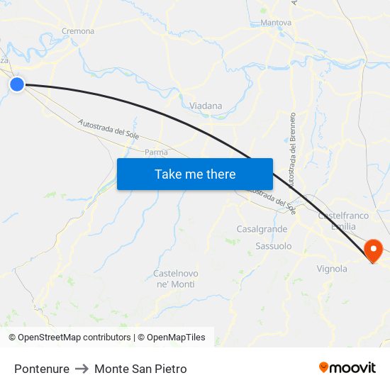 Pontenure to Monte San Pietro map