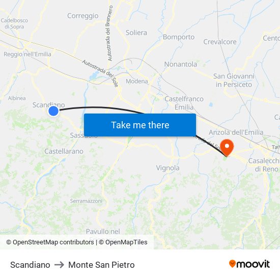 Scandiano to Monte San Pietro map