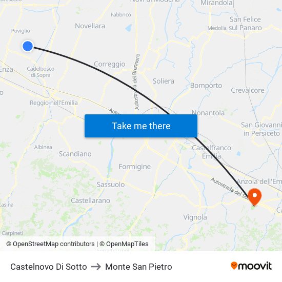 Castelnovo Di Sotto to Monte San Pietro map