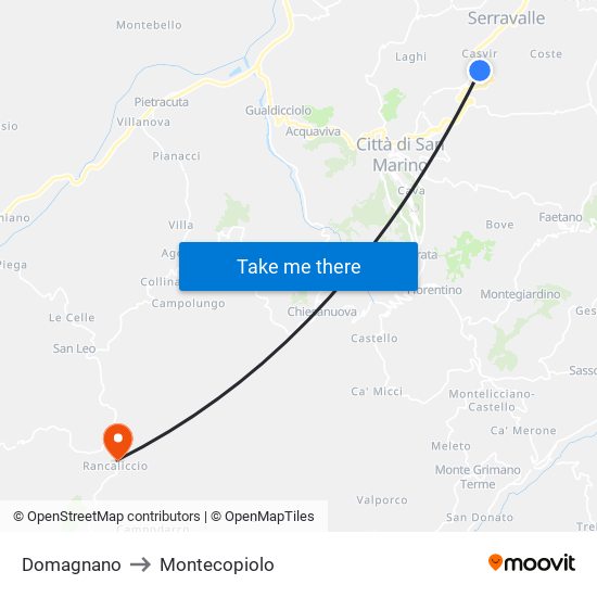 Domagnano to Montecopiolo map