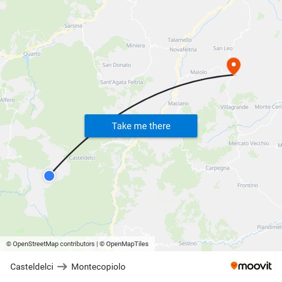 Casteldelci to Montecopiolo map