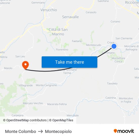 Monte Colombo to Montecopiolo map