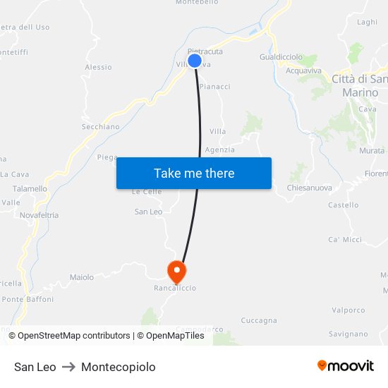 San Leo to Montecopiolo map