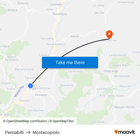 Pennabilli to Montecopiolo map