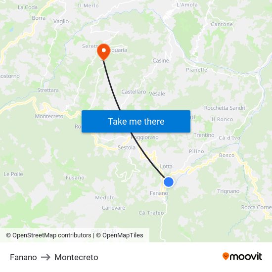 Fanano to Montecreto map