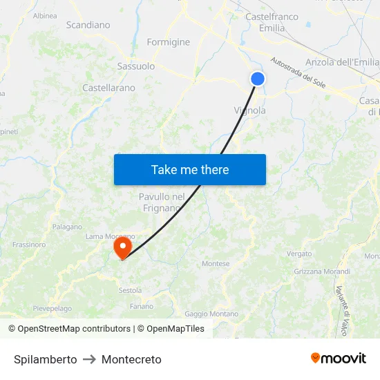 Spilamberto to Montecreto map