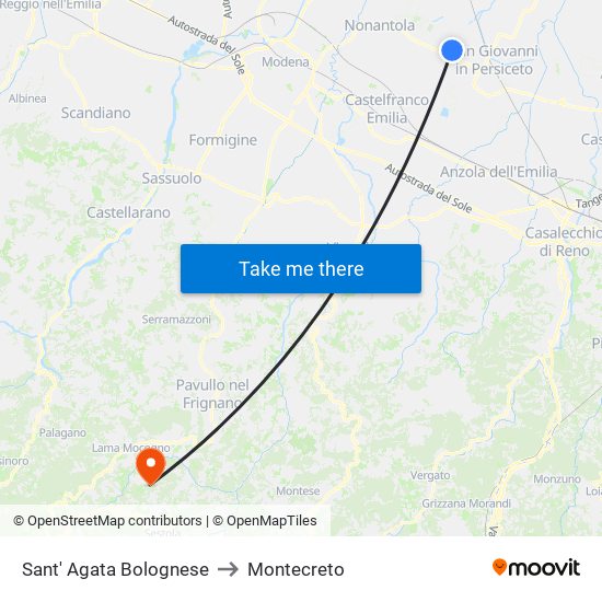 Sant' Agata Bolognese to Montecreto map