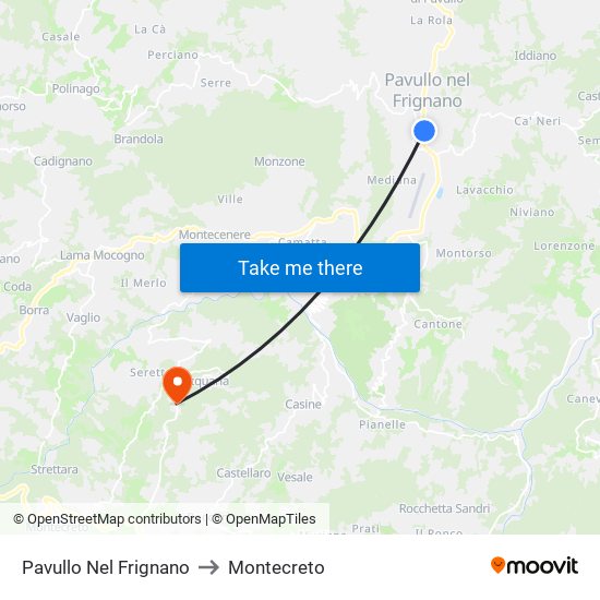 Pavullo Nel Frignano to Montecreto map