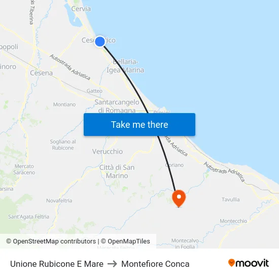 Unione Rubicone E Mare to Montefiore Conca map