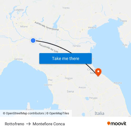 Rottofreno to Montefiore Conca map