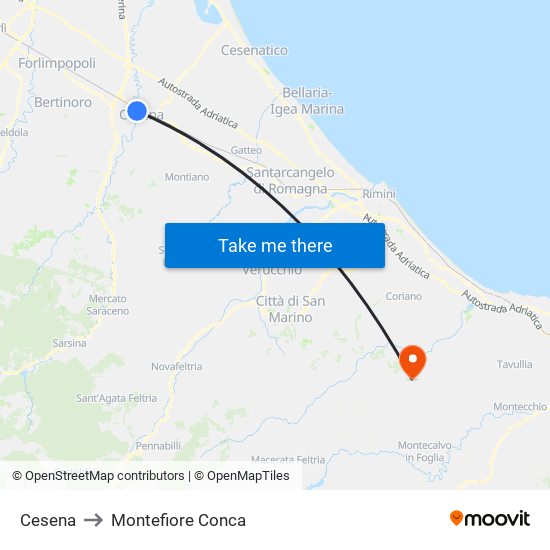 Cesena to Montefiore Conca map