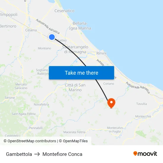 Gambettola to Montefiore Conca map