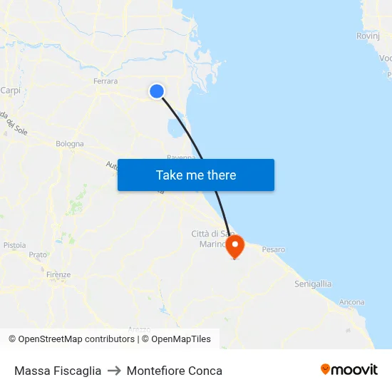 Massa Fiscaglia to Montefiore Conca map