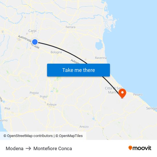 Modena to Montefiore Conca map