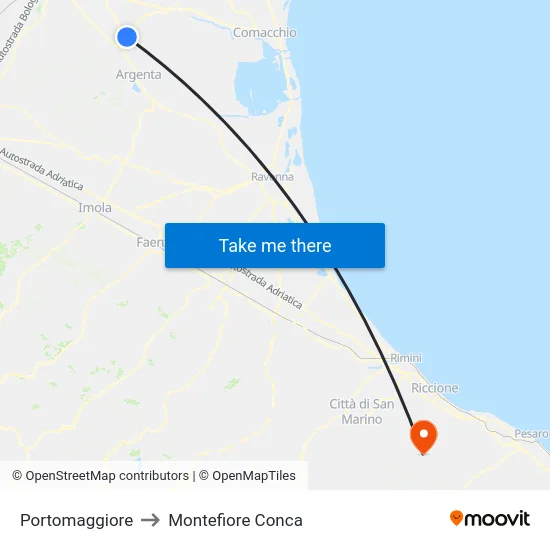 Portomaggiore to Montefiore Conca map