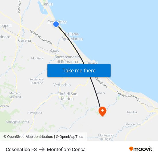 Cesenatico FS to Montefiore Conca map