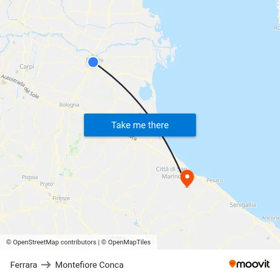 Ferrara to Montefiore Conca map